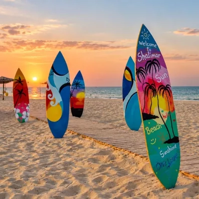 Planches de surf décoratives Welcome to Shalimar Beach au coucher du soleil à Hammamet