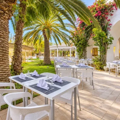 Terrasse extérieure ombragée du restaurant au Mondi Club Shalimar Hammamet avec palmiers et bougainvilliers