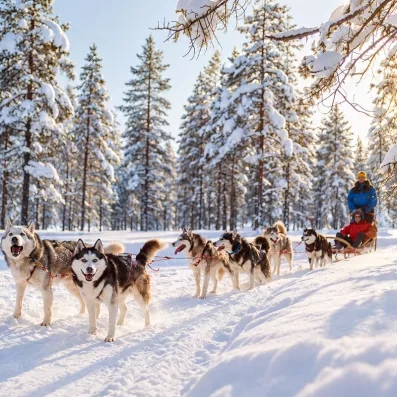 Traîneau à chiens husky en balade dans la neige lors d'un séjour au Mondi Club Sodankyla