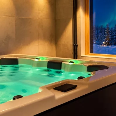 Jacuzzi extérieur chauffé avec vue sur la forêt enneigée au Mondi Club Sodankyla