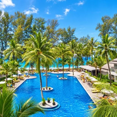 Une grande piscine nichée au cœur d'un jardin tropical, bordée de palmiers.