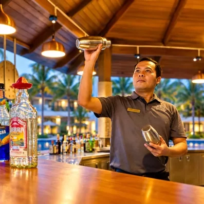 Un barman prépare un cocktail derrière un bar en bois exotique.