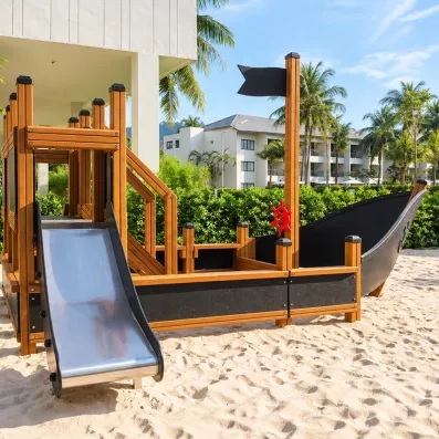 Une aire de jeux extérieure avec une structure en bois en forme de bateau pirate posée sur du sable.