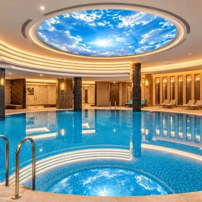 grande et belle piscine intérieur, avec des transats