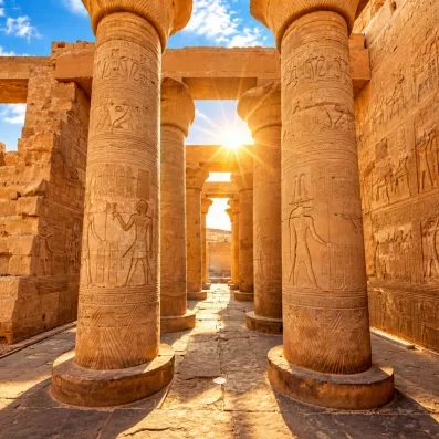Colonnes sculptées de hiéroglyphes du temple de Kom Ombo éclairées par le soleil lors d'une croisière sur le Nil en Égypte.