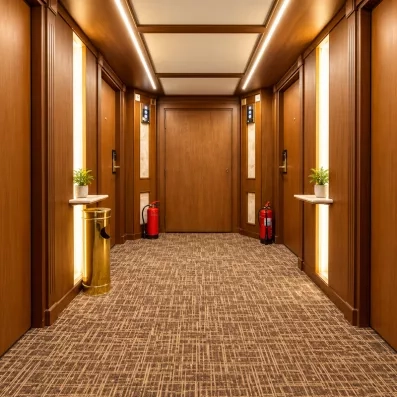 Couloir intérieur boisé et luxueux desservant les cabines du bateau de croisière sur le Nil.