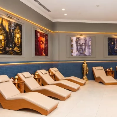 salle de relaxation avec des transats en bois