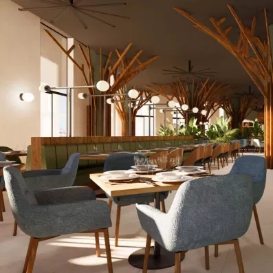 salle des restaurant avec tables, chaises et couverts, assiettes et sets de table