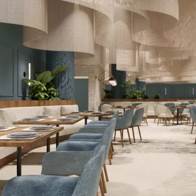 restaurants avec tables et chaise couverts chaises bleu