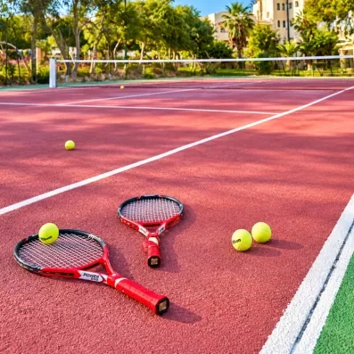 Terrain de tennis en plein air avec raquettes et balles disponible à l'hôtel Les Quatre Saisons.