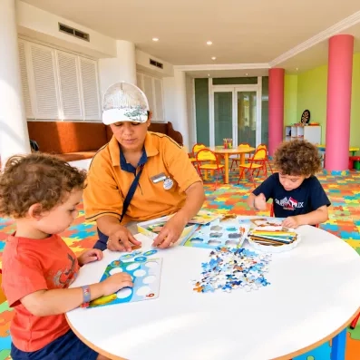 mini-club activités puzzle avec enfants et animatrice du Royal Thalassa Monastir
