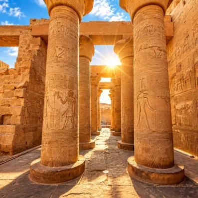 Colonnes sculptées du temple de Kom Ombo sous les rayons du soleil, monument antique, tourisme Louxor.