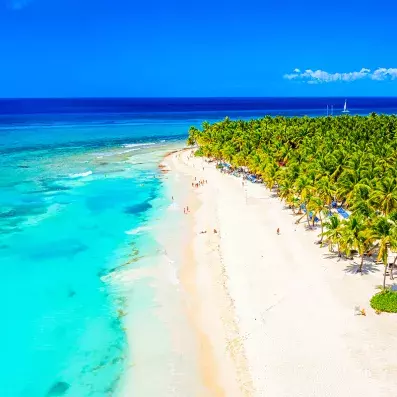 Plage de Bavaro à Punta Cana, eau limpide et cocotiers, cadre parfait pour le farniente aux Caraïbes.