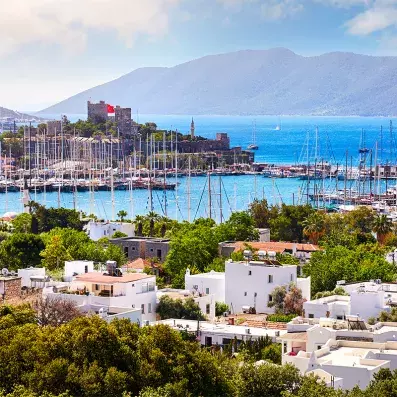 le chateau de bodrum entouré de la mer avec des maisons blanches en premier plan