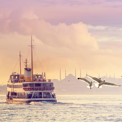 bateau sur le bosphore avec mosquée en fond