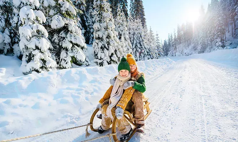 2 enfants sur une luge sur un chemin enneigé en Finlande