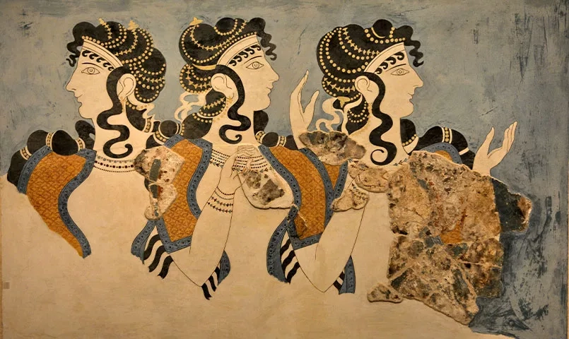 Une peinture antique représentant des femmes. 