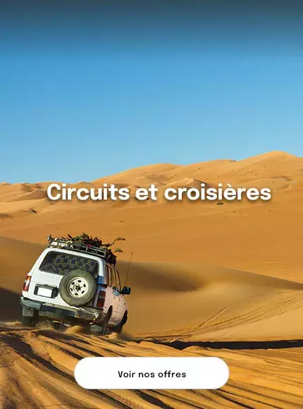 une voiture 4x4 dans un désert tunisien pour proposer des offres de circuits et croisières
