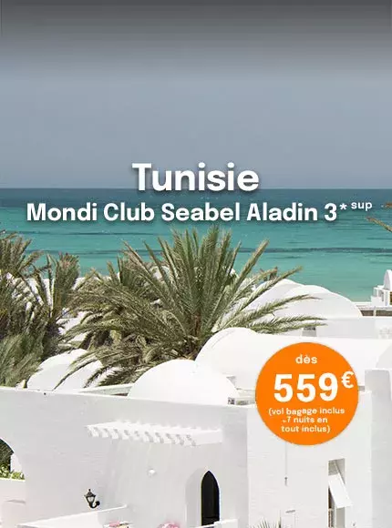 Petits bungalows blancs du Mondi Club Seabel Aladin en Tunisie avec la mer turquoise en fond, proposé dès 559€