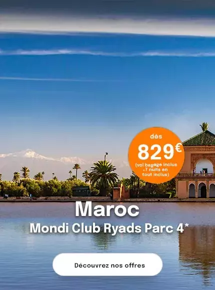 La Ménara à MArrakech, bâtiment très célèbre avec les montagnes de l'Atlas en arrière plan. Un séjour proposé dès 829€