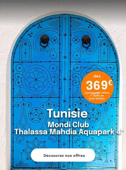 une porte bleue martelée de clous noirs, typiques de Sidi bou Said en Tunisie pour proposer une offre dès 369€