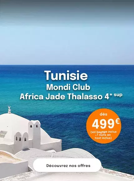 la mer bleue en Tunisie avec des toits de maisons blanches, proposant une offre dès 499€
