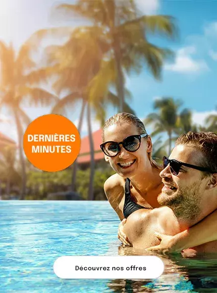 un couple avec des lunettes de soleil dans une piscine avec en fond des palmiers