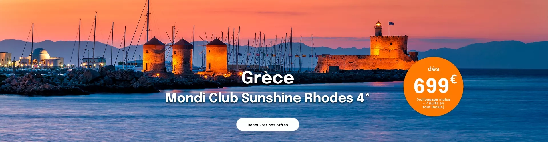 des moulins sur l'île de Rhodes au coucher du soleil avec une offre dès 699€