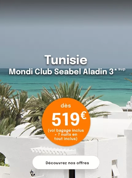 Des toits de bungalows blancs avec la mer turquoise en fond avec une offre en Tunisie à partir de 519€