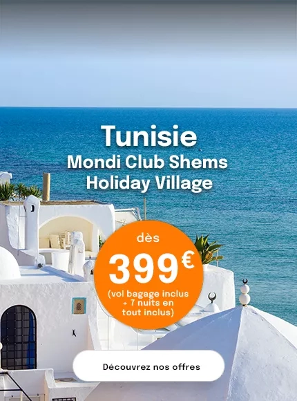 vue sur la mer en Tunisie et des toits blancs avec une offre dès 399€