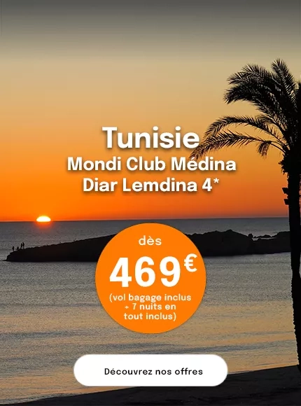 un coucher de soleil en Tunisie avec une offre dès 469€