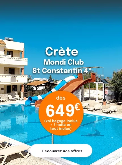 Vue sur une piscine d'hôtel avec des toboggans pour une offre en Crète dès 649€