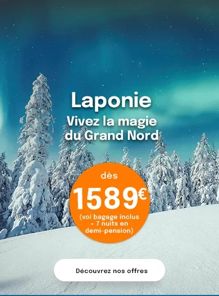Une aurore boréale sur un paysage enneigé en Laponie avec une offre dès 1589€
