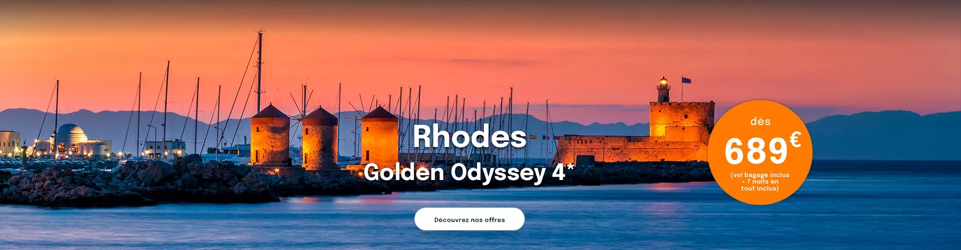 Vue sur les 3 moulins du port de Rhodes au coucher du soleil