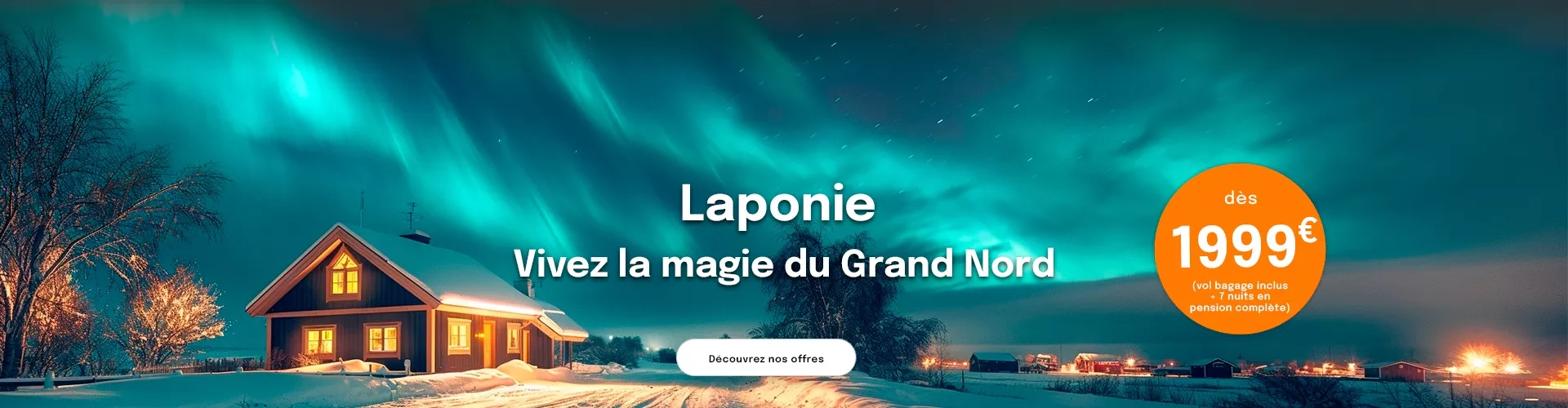une maison dans un paysage enneigé et sous des aurores boréales