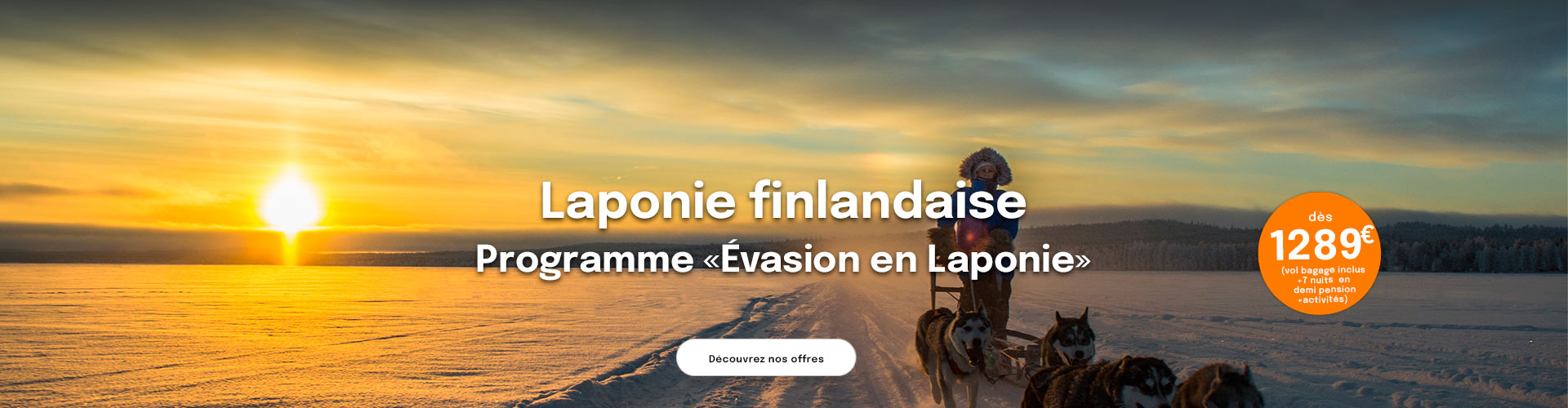 homme et chien de traineau au coucher du soleil